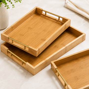 3-Piece Bamboo Serving Tray Set with Gold Handles