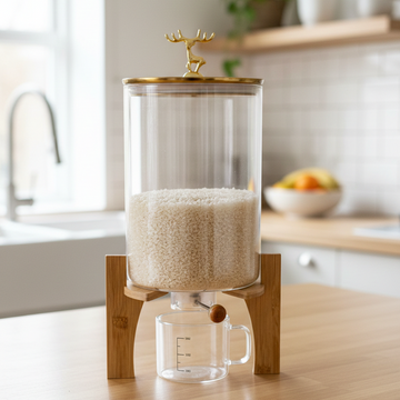 Glass Grain Storage Dispenser with Bamboo Stand