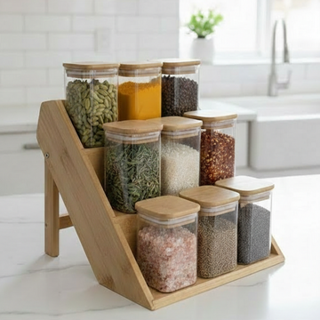 3-Tier Bamboo Spice Rack with 9 Glass Jars