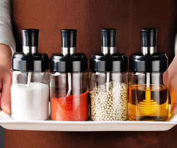 Glass Seasoning Tank Kitchen Spice Kit Bottles Pepper Spoon Seasoning Jars Oil B