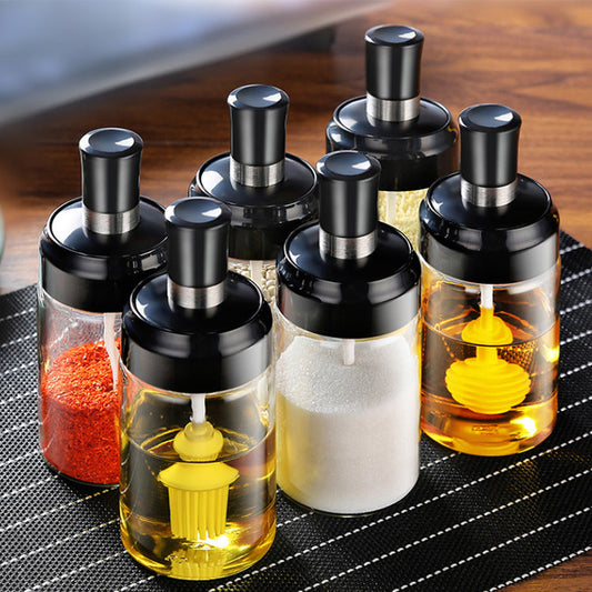 Glass Seasoning Tank Kitchen Spice Kit Bottles Pepper Spoon Seasoning Jars Oil B