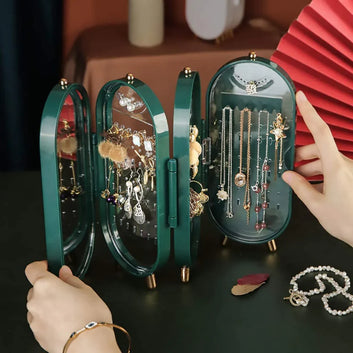 Foldable Jewelry Organizer With Mirror Ear Rings & Necklace_ Hanging Holder Jewe